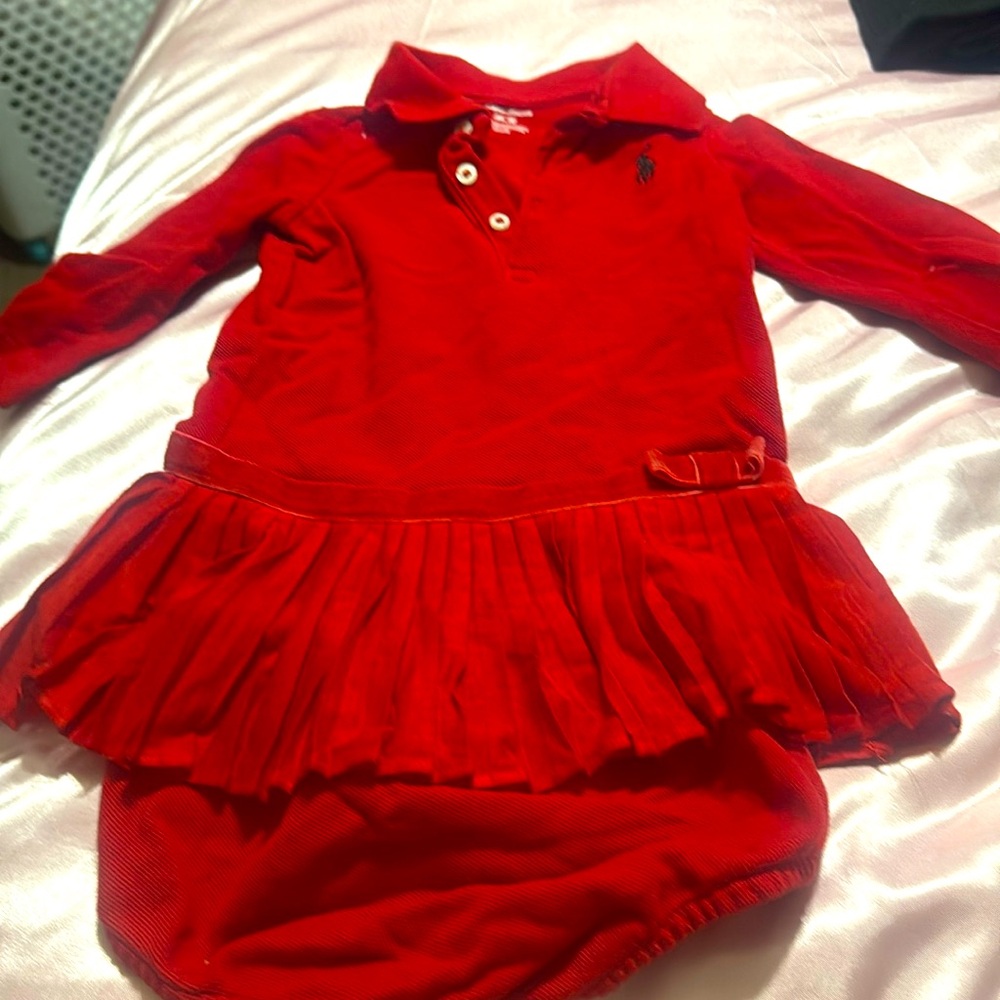 Red long sleeve pleated bottom Ralph Lauren two piece dress with bootie 
6mnths